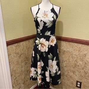 Black Floral Midi Dress with White Blossom Print
